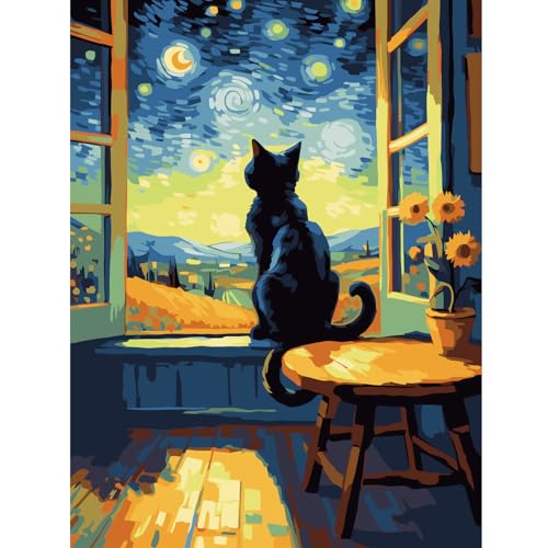 Modojuny Dipingere con i Numeri per Adulti e Bambini, Paint by Numbers Kit con pigmento acrilico e pennelli, regalo e decorazione da parete, 30 x 40 cm, gatto nero (senza cornice), 9+ anni
