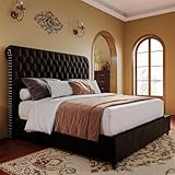 PaPaJet Upholstered Bed Frame Queen Bed Frame with Headboard 52.8” Tall, Sleigh Platform Bed, Black