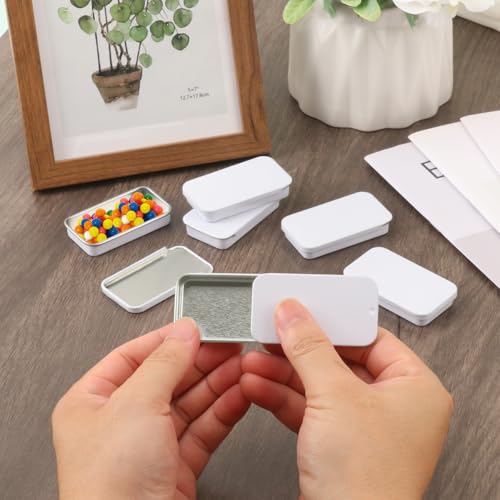 Image of Biugaaufai 60 Pack White Mini Rectangular Metal Tins Boxes with Sliding lids, Small Empty Slide Top Metal Tin, Lip Balm Slide Tins with Lid for Crafts, Jewelry, Candies (2.36 x 1.34 x 0.43 Inch)