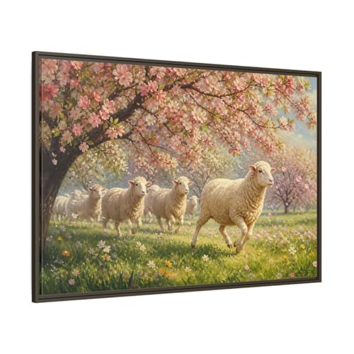 Tableau mouton nature fleurs roses 120x80cm pour salon