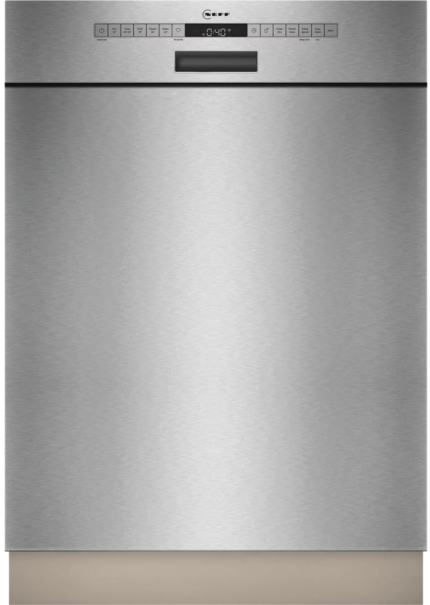 Neff S125EBS16E, N 50, Lavavajillas con base inteligente de 60 cm, fabricado en Alemania, cesta para cubiertos, muy silenciosa, Open Dry, fuerte limpieza con Chef 70ºC, favoritos, acero cepillado