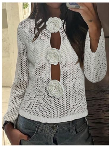 MakeMeChic Women's 3D Floral Crochet Sweater Cut Out Long Sleeve Crew Neck Knitted Crop Pullover Tops4
