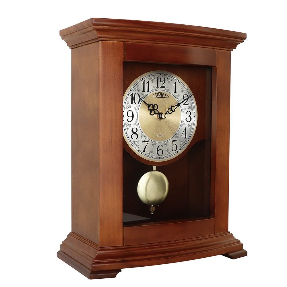 PRIM Orologio da tavolo, marrone, pendolo in legno, motore a passo al quarzo, quadrante decorato