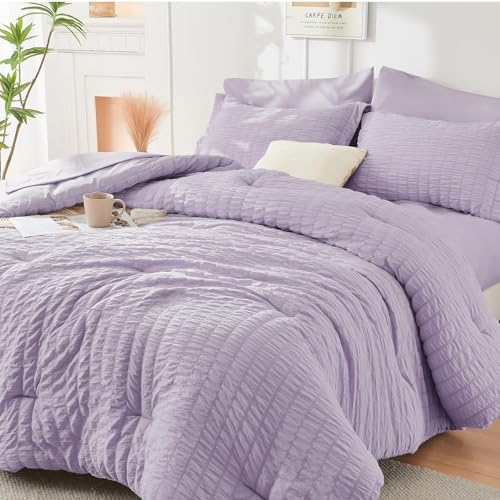Image of HYMOKEGE Lavender Full Size Comforter Sets Seersucker 7 Pieces, All Season Luxury Bed in a Bag for Bedroom, Bedding Set with Comforters, Sheets, Pillowcases & Shams