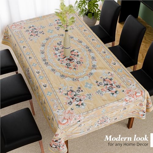Image of Kuber Industries 60x90 Inch PVC Dining Table Cover 6 Seater Waterproof | Dining Table Cover /Sheet for Party and Events | Passion Flower Print - Light Brown
