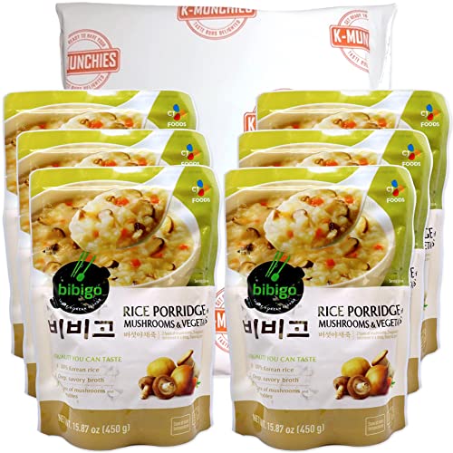 K-Munchies CJ Bibigo Instant Rice Porridge - 6 Packs of Korean Rice with Mushrooms & Vegetables - Ready-To-Eat Microwavable Rice Meal with Flavorful Vegetable Stock - A Delectable Instant Korean Food