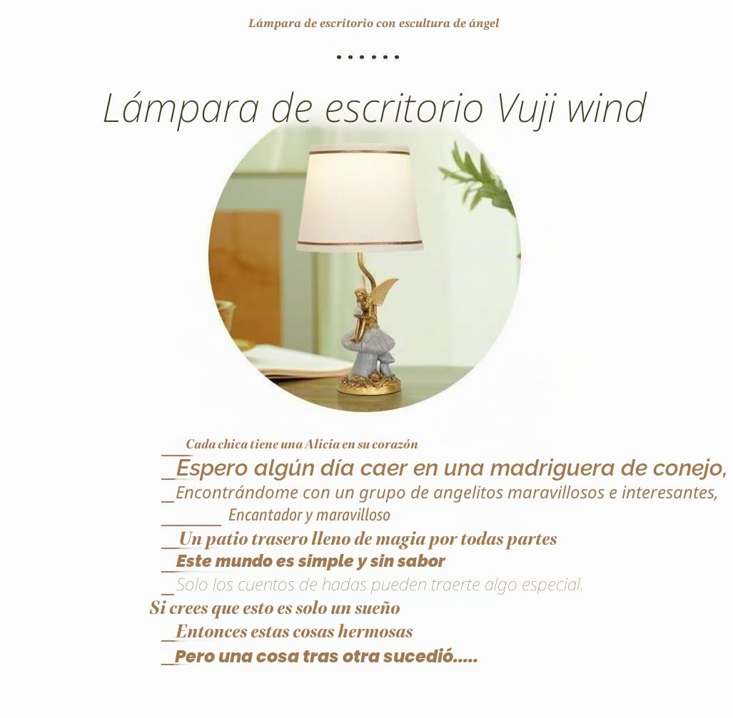 Lámpara de mesa de ángel con pantalla de tela blanca, ángel de resina dorada y gris en base de hongo, luz decorativa para mesita de noche