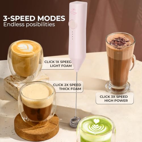 Image of Zulay Kitchen Rechargeable Milk Frother Handheld - Frother Wand, Drink Mixer, Electric Whisk Frother, for Cappuccinos, Matcha & Protein Powder - Dynamic Triple Whisk, 3 Speed 500mAh Cotton Candy Pink