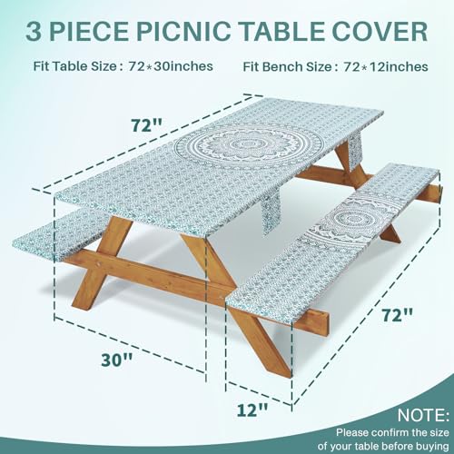 Fitted 6Ft Picnic Table Cover with Chair Covers Elastic Polyester Stain Resistant Reusable Camping Table Cloth Patio Glamping Equipment Hiking Rv Outdoor Necessities Gifts for Grandma Grandpa