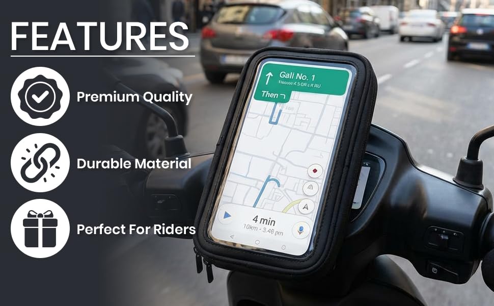 Image of Polyester Handlebar Universal Mobile Holder Mount Pouch Bag Waterproof for Activa Jupiter EV Ola-S1 Pleasure Ntroq All Scooter Scooty Bike Fit 7 Inches Phone (Black)