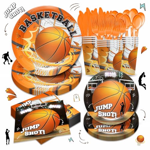 Piooluialy Basketball Party Supplies Tableware - Basketball Themed Party Decorations Include Dinner Plates, Cups, Napkins, Cutlery, Basketball Birthday Party Supplies for Kids Adults | 24 Guests