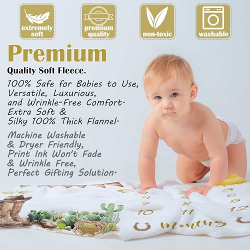 Image of Western Milestone Blanket, Cowboy Baby Monthly Blanket with Marker, Newborn Baby Shower Photo Props My First Rodeo Gifts
