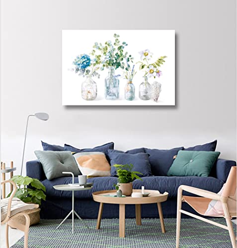 Flowers Wall Art Vintage Blue White Floral Canvas Pictures For Wall Decor Retro Botanical Glass Bottle Canvas Painting Rustic Wooden Board Canvas Prints Living Room Bedroom Wall Decoration 16" X 12" #TOP1