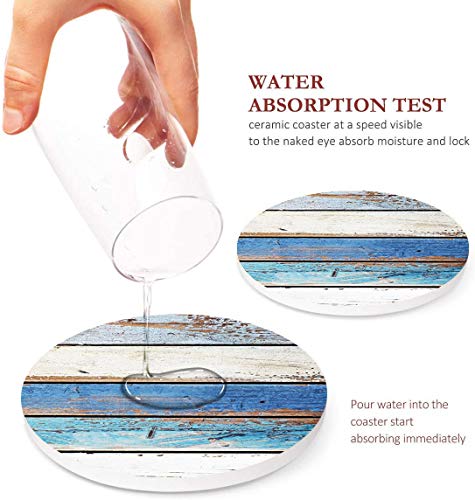 Britimes Set of 6 Coasters for Drinks Absorbent Retro Wood with Cork Base, Metal Holder, Round Stone Drink Mat for Wood Table, Gift for Birthday, Housewarming Room Bar Decor