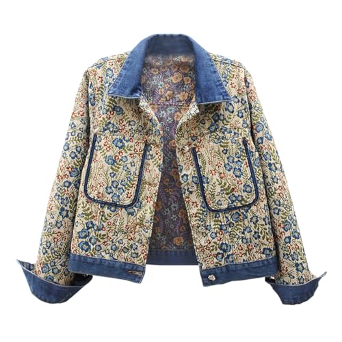 Women's Long Sleeve Floral Pattern Fancy Cropped Denim Jacket Casual Jacquard Trendy Denim Coat