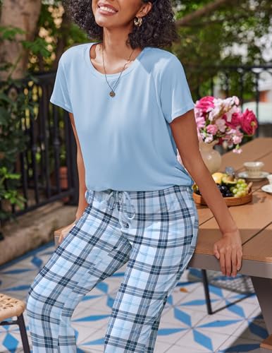 Image of Ekouaer 2 Pack Pajamas for Women Set Short Sleeve Sleepwear Top and Pants Pjs Soft Printed Lounge Sets with Pockets