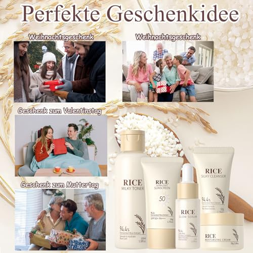 Reis Skincare Set Teenager Mädchen - Gesichtspflege Skin Care Set & Teenager Mädchen Geschenke - Korean Skincare Set Tiefe Feuchtigkeit - Beauty Set mit Reiniger,Toner,Creme,Serum,Sonnenschutz