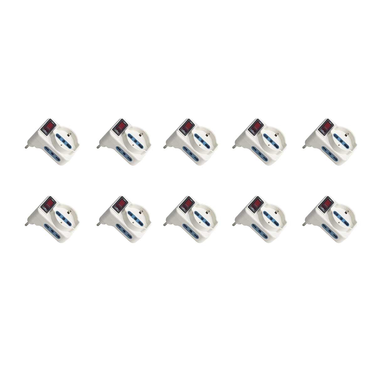 Adattatore Triplo con Interruttore 2 Prese Bipasso 10A/16A + 1 Universale, Spina Elettrica Angolare 10A 2P+T (10 Pezzi)