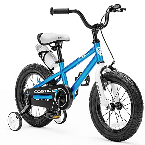 COSTIC Kids Bike for 3-8 Year Old Boys Girls BMX Freestyle Kid's Bicycle 12 14 16 Inch with Removable Training Wheels and Water Bottle ,Kickstand for 16 Inch Bikes,Multiple Colors,Blue White