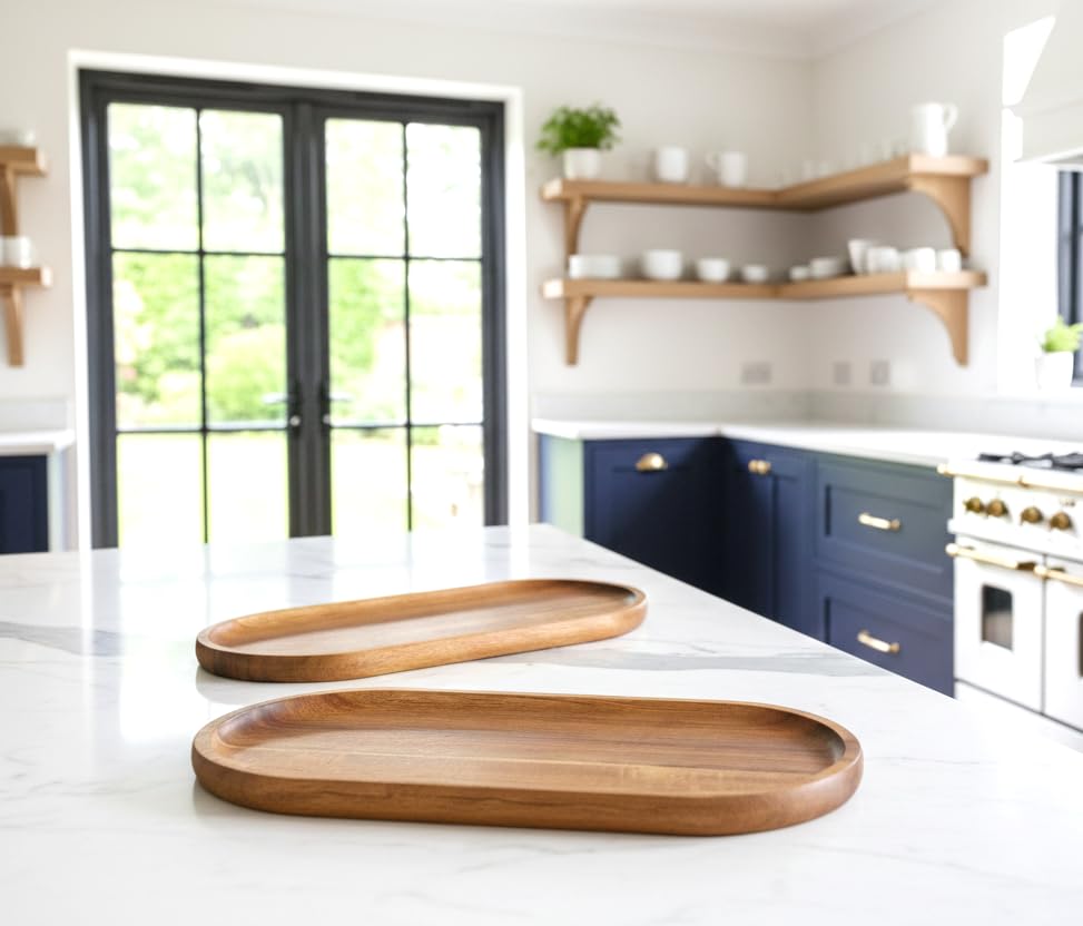 Image of Premium Luxury 100% Natural Acacia Wood Tray Set of 2 Boards Rustic Wooden Serving Trays Oval Platters Charcuterie for Party Breakfast Coffee Table Home Decorative Trays 13 x 6 inch