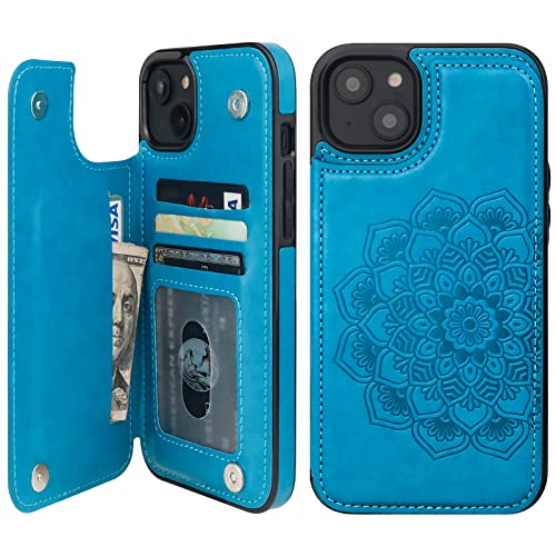 Vaburs Compatible with iPhone 14 Plus Case Wallet with Card Holder, Embossed Mandala Pattern Flower PU Leather Double Buttons Flip Shockproof Cover for Magnetic Car Mount 6.7 Inch (Blue)