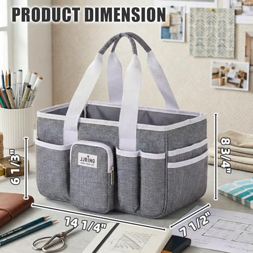 Image of JJRING Craft Organizer Tote Bag, Portable Art Caddy With Adjustable Divider&Secure Zipper Pocket, Large Foldable Storage Tote For Scrapbooking, Sewing, Artist And Home(Grey)