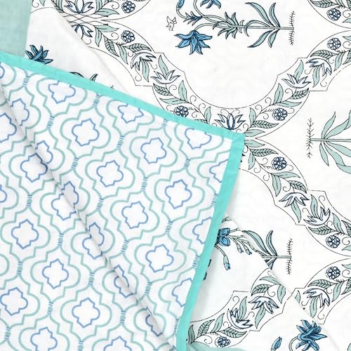 Image of BLOCKS OF INDIA Hand Block Printed Cotton Single Size Reversible Malmal Dohar for Summer (Turq BEL)