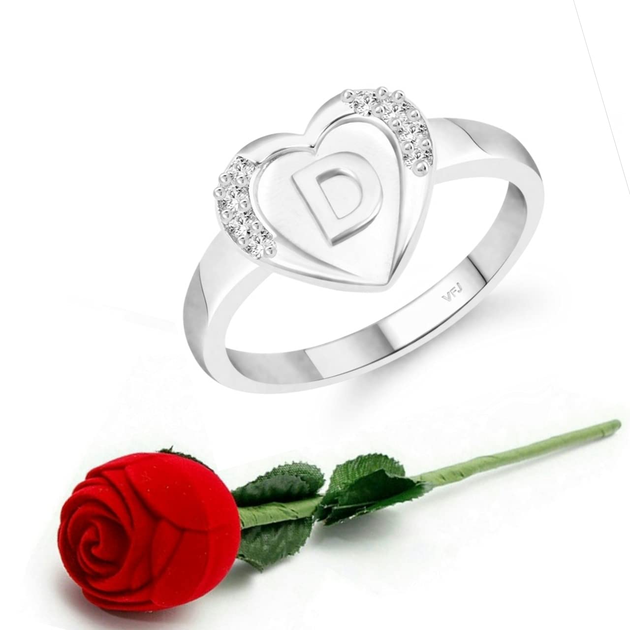 Vighnaharta cz alloy Gold and Rhodium plated Valentine collection Initial '' D '' Letter in heart ring alphabet collection with Scented Velvet Rose Ring Box for women and girls and your Valentine.-image-6