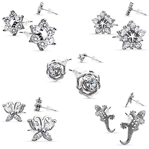 BlackAmazement 2er Set 925 echt Silber Rhodiniert Ohrstecker Ohrringe Stern Schmetterling Gecko Rose Blume Damen