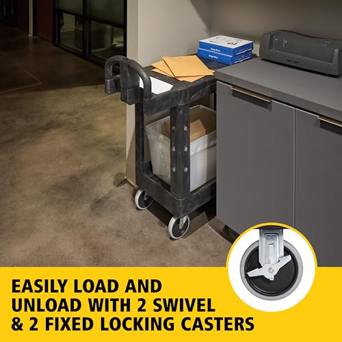 Image of Rubbermaid Commercial Products Heavy Duty 2-Shelf Utility /Service Cart, Small, Flat Shelves, Ergonomic Handle, 500 lbs. Capacity, for Warehouse /Garage /Cleaning /Maintenance