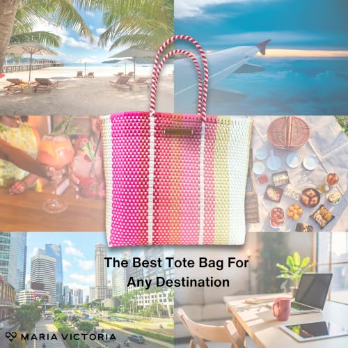 Image of MARIA VICTORIA Handwoven Plastic Mexican Tote Bag Large For Women, Waterproof, Lightweight, Multi-Color Design, Perfect for the Beach, Shopping, and Everyday Use, Coral Large