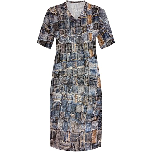 Image of SUZONANA Plus Size Denim Print Shirt Maxi Dresses for Curvy Women Casual Blue Jean Summer Outfits Long Short Sleeve Dress with Pockets Patchwork 2XL