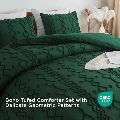 Image of Andency King Size Comforter Set, 3 Pieces Dark Emerald Green Boho Tufted Geometric Shabby Chic Bedding, Soft Fluffy Farmhouse Bed Set, Jacquard Textured Comforter for All Season (104x90 Inch)