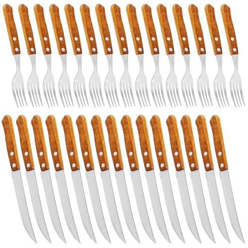 PRITOK Juego de cubiertos para carne de acero inoxidable, juego de 30 cubiertos de carne de acero inoxidable, tenedor y cuchillo, 15 tenedores y 15 cuchillos de mesa para 15 personas, afilado ondulado