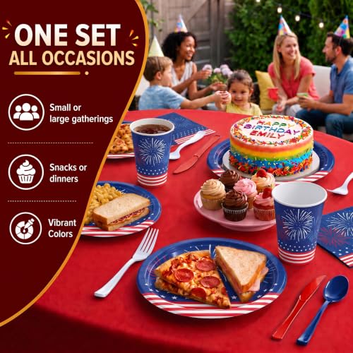 Image of 390 Pcs 4th of July Plates and Napkins Sets 4th of July Paper Plates | Includes 60 9 inch Paper Plates | 60 7 inch Paper Plates | 60 9oz Paper Cups | 60 Napkins | 150 Plastic Cutlery
