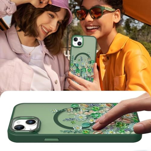 Image of Magnetic for iPhone 15 Plus Case with for Women, Green Floral | Pretty Oil Painting Flower Pattern Design [Compatible with MagSafe] Shockproof Slim Translucent Matte Non-Slip Cover