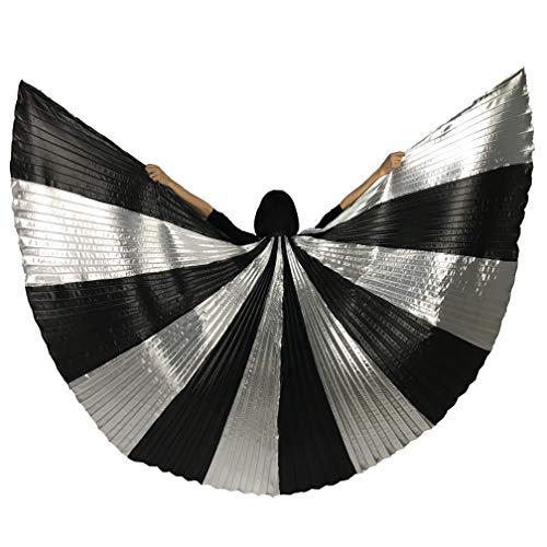 MUNAFIE Belly Dance Isis Wings with Sticks for Adult Belly Dance Costume Angel Wings for Halloween Carnival Performance Black/Silver