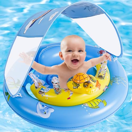 Image of Baby Pool Float,Extra Wide Infant Pool Float,Baby Floaties 6-12 Months,Toddler Swim Float with Canopy Removable UPF50+ Sun Protection＆Toy Play Console,Adjustable Safety Seat,Toddler Floaties (Blue)