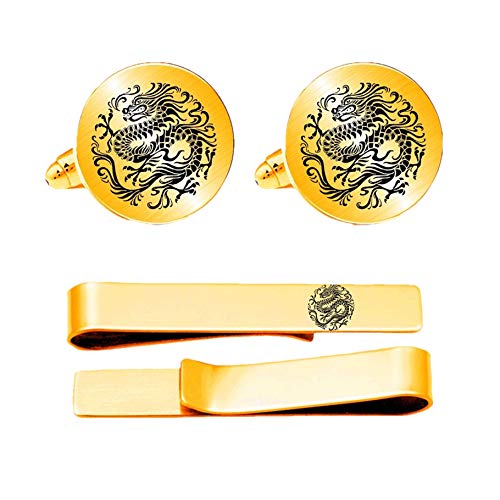 Kooer Personalized Engraved Chinese Dragon Cuff Links Tie Clip Set Engrave Black Dragon Cufflinks Gift for Men (Golden Cufflinks & tie bar Set)