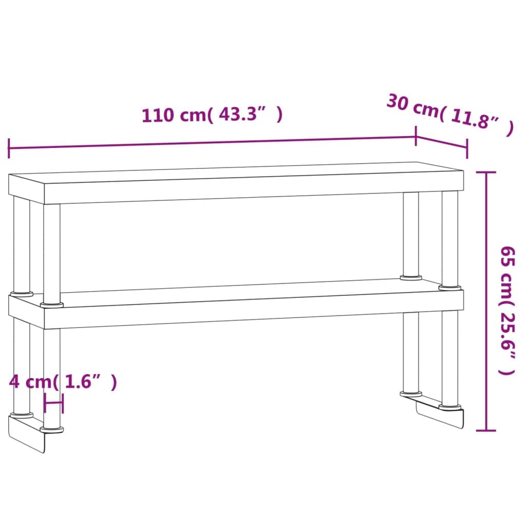 Mensola per tavolo da cucina in acciaio inox con 2 ripiani, 110 x 30 x 65 cm, attrezzatura per ristoranti, hotel, grandi cucine, mense, bistrot, pizzeria, ideale per cucinare e servire
