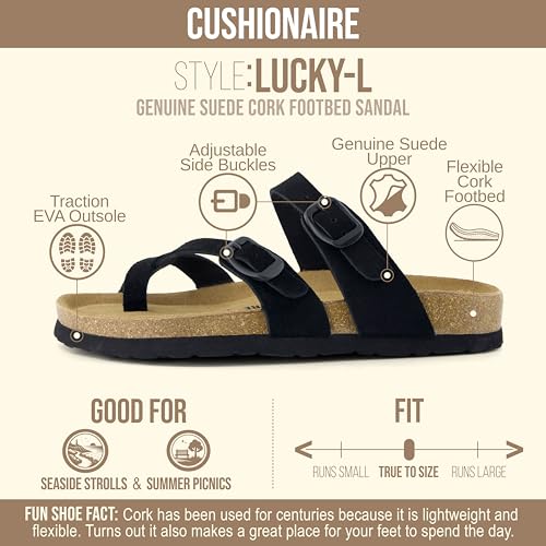 Image of CUSHIONAIRE Lucky 100% Genuine Leather Suede Womens Sandals, Comfortable Cork Footbed Slides for Women with Adjustable Buckles