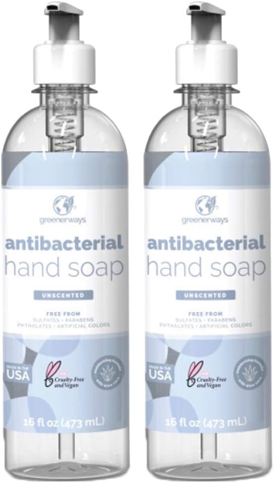 Greenerways Antibacterial Hand Soap Unscented Liquid Hand Soap with Pump and Soothing Aloe Vera | Sulfate-Free, Paraben-Free, Cruelty-Free, Vegan Hand Wash (16 Fl Oz (2 Pack) - Unscented)