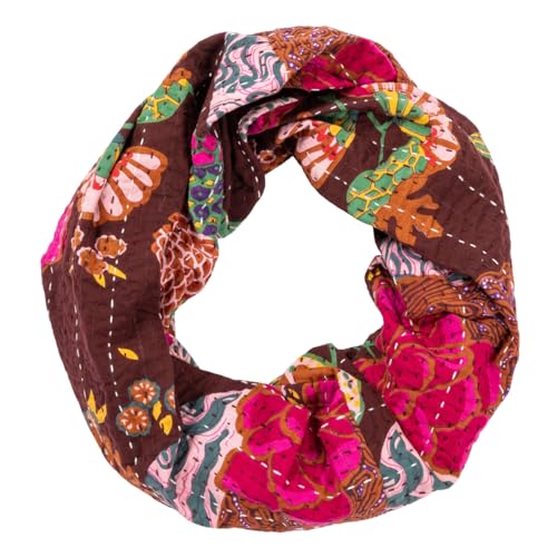 GreaterGood Waves of Color Infinity Scarf Handmade Fair Trade Woven and Crocheted Cotton Silk Blend Fashion Accessory for Women (Kantha Brown)