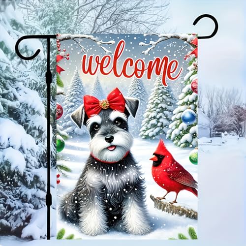 Image of BlissYard Welcome Garden Flag Double Sided 12x18 Flag Winter Christmas Cardinal Dog Garden Flag Welcome Winter Puppy And Cardinal Flag Design For Festive Outdoor Decoration Lawn Yard Banner