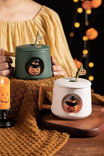 Image of DIHOclub Adorable 3D Ceramic Pumpkin Head Mug with Lid and Spoon - Perfect for Coffee, Tea, Milk, and More - Ideal Gift for Halloween - 14 Ounces (HalloweenG)