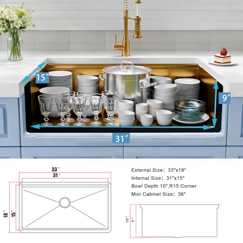 Image of Gold Undermount Kitchen Sink 33 Inch,16 Gauge SUS304 Stainless Steel All In One Workstation Sinks With Full Set Accessories, 33 inch x 18 inch x 10 inch Large and Deep Handmade Single Bowl Kitchen Sinks
