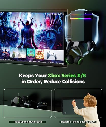 Wall Mount for Xbox Series X/S with RGB Light – Support APP, Xbox X/S Wall Shelf Kit with 2 Controller Holder & Charging Cable & 1 Headphone Stand – Prevent Your Xbox Console Accessories from Falling