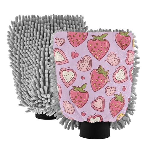 ALAZA Strawberry Hearts Car Wash Mitt Scratch Free, 2 Pack Absorbent Microfiber/Chenille Washing & Drying Mitts, L