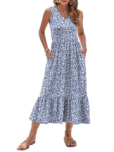 Image of AUSELILY Womens Summer Maxi Dress Casual Sleeveless V Neck Floral Dresses | A line shape with practical side pockets, Vacation dress for resort walks, Pair with low heels and simple jewelry