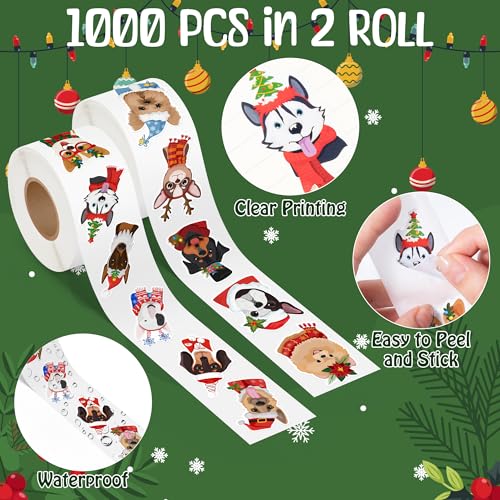 Image of Christmas Dog Head Stickers - 1000 Pcs Xmas Winter Wonderland Dog Waterproof Vinyl Reusable Laptop Stickers Coloring Book Scrapbook Water Bottle Page Activity Pad Party Favors Kids Skateboard